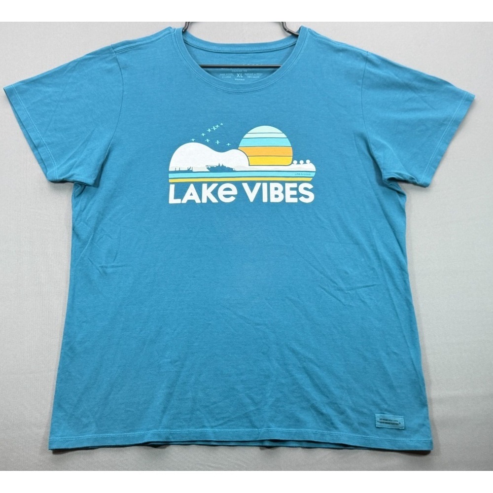 Life Is Good Womens XL Lake Vibes Crusher Tee Teal Blue Guitar Graphic Shirt